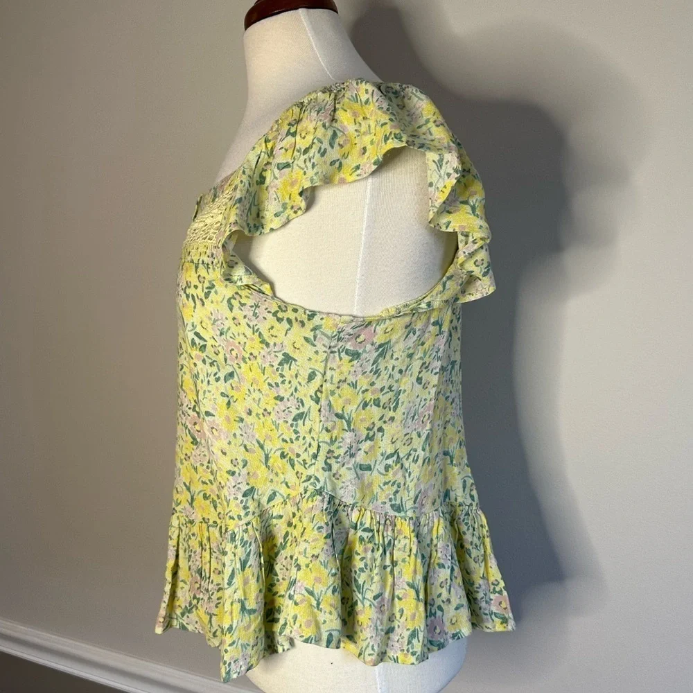 Lucky Brand Blouse Boho Floral Flutter Sleeve Yellow, Size S, EUC - Picture 4 of 5